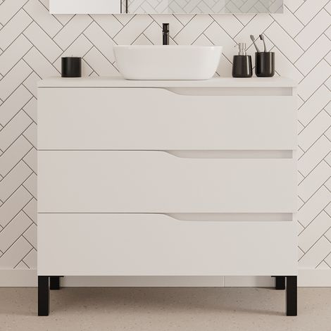 Meuble de salle de bain 90cm avec plateau et vasque à poser zeus - 3 tiroirs - sans miroir - blanc - MATA (1/4)