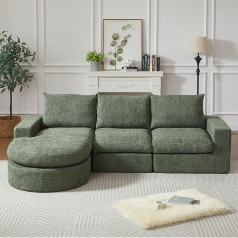 Divano modulare 251/160/81 cm in chenille verde con chaise longue reversibile e cuscini poggiatesta (1/5)