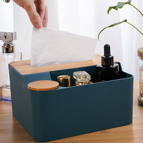 Boîte de rangement multifonction pour salon et bureau avec couvercle bois - boîte à mouchoirs et rangement télécommandes plastique bleu 19,5x17x10cm (410g) (1/5)