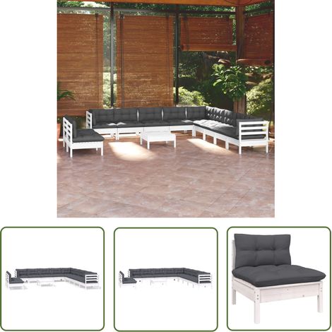 The Living Store 12-tlg. Garten-Lounge-Set mit Kissen Weiß Massivholz Kiefer - Garten Lounge Set - Outdoor Möbel - Kiefernholzmöbel - Gartenmöbel - Loungesessel (1/5)