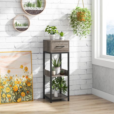 Supports de Plantes en Métal à 3 Niveaux Porte-Plantes Carré avec 1 Tiroir Kits Anti-basculement Organisateur d'Angle de Pots Gris+Noir (1/3)