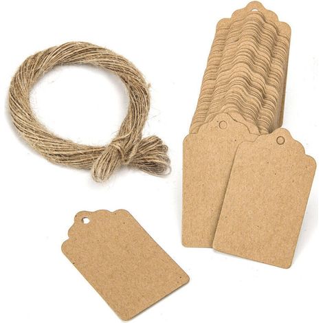 100 etiquetas de regalo en forma de abanico de papel kraft marrón, 5 x 3 cm, diseño marrón liso [incluye 10 metros de cuerda de cáñamo] (1/5)