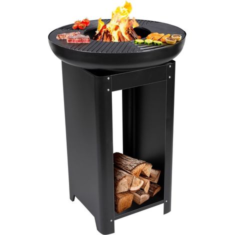 Foyer et Plaque de Cuisson 3 en 1 - Cheminée de Jardin 61 X 90 cm - avec Plaque Chauffante Teppanyaki - Barbecue à Plancha avec Rangement pour Bois de Chauffage - Foyer Extérieur (1/5)