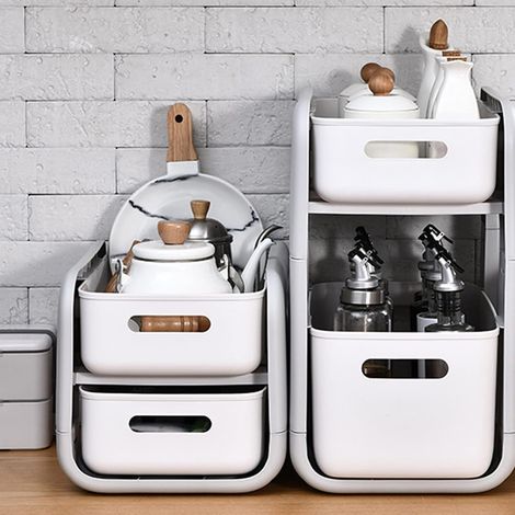 Cestello portaoggetti scorrevole, cassetto organizer rimovibile, portaspezie, cestello scorrevole sotto il lavandino, ripiano portaoggetti per cucina, bagno (bianco B) (1/5)