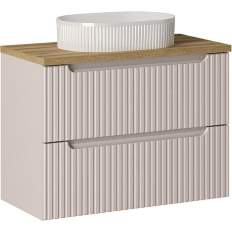 Set VANO cachemire e quercia 80cm: mobile sottolavabo con cassetti + piano per lavabo + lavabo da appoggio bianco scanalato