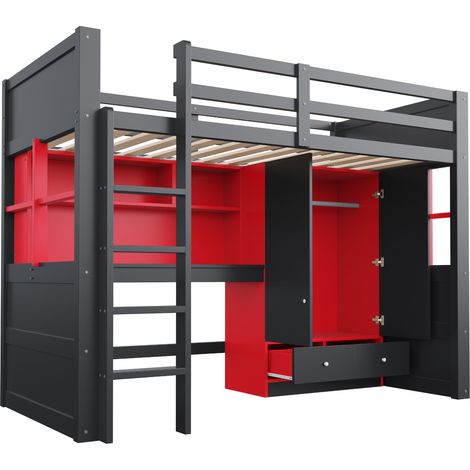 Letto a soppalco 90 x 200 cm con scrivania, armadio, cassetti e LED, nero e rosso (1/5)