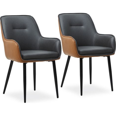 Dining Chairs Set of 2, Grey Brown Faux Leather Padded Kitchen Chairs Accent Armchair with Backrest and Metal Legs, Lounge Living Room Reception Chairs
