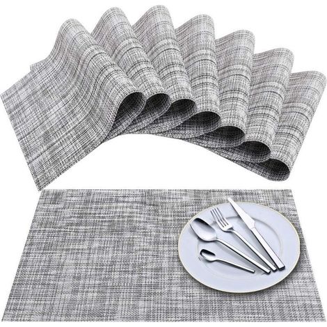 Set de Table (Lot de 8), Tapis de Table tissés en Vinyle à Tissage croisé, Ensemble de Tapis de Table lavables isolants antidérapants - Gris Blanc (1/4)