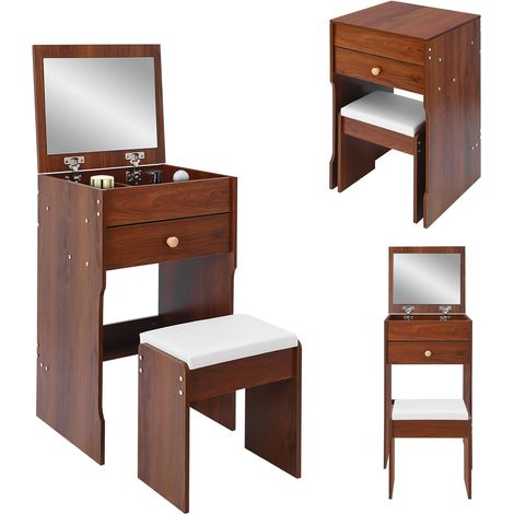 Coiffeuse avec miroir et tabouret, espace de rangement et tiroirs, table de dressage pour appartement, petite pièce, 40 x 37,5 x 72 cm, noyer noir (1/5)