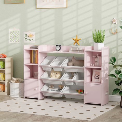 Étagère Rangement Jouets Enfant 8 Bacs Amovibles, 140 x 30 x 90 cm, Rose (1/5)