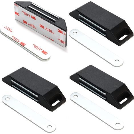 Set of 4 Self-Adhesive Magnetic Catches - No Drilling Required - Door Magnets for Furniture, Magnetic Closure - Black (1/5)