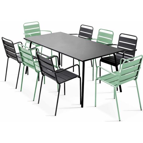 Ensemble table de jardin et 8 fauteuils en métal vert sauge et gris - Palavas