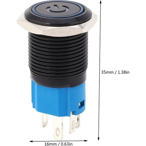 Vente de 2 unités par ensemble : Interrupteur à bouton-poussoir autobloquant IP65 en métal anodisé noir avec bande LED, symbole, ouverture de 16 mm, bleu, 220 V CA. (1/5)