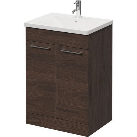 Napoli 460 Brown Oak 600mm 2 Door Vanity Unit with Glide Basin - 600mm - Chrome 160mm Handle