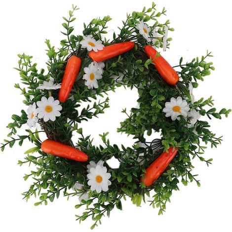 Karottenpflanzenkranz, Frühlings- und Sommerkranz aus grünen Blättern und Blumen, künstlicher Kranz für die Wanddekoration an Feiertagen