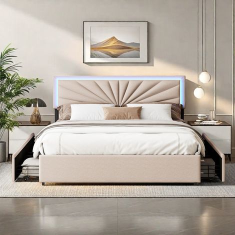 Lit coffre rembourré 160 x 200 avec 4 tiroirs–Lit double beige 160 x 200–Tête de lit avec bandeau lumineux LED–2 ports USB et 1 port Type-C–Lin beige (1/5)