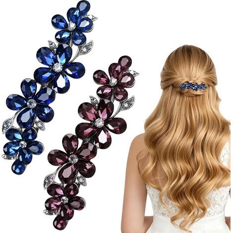 Set di 2 fermagli per capelli da donna, accessori moda per capelli fini e spessi, fermagli con strass e cristalli di alta qualità, tenuta sicura per varie acconciature, blu bordeaux e (1/5)