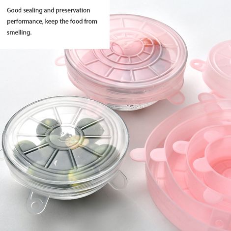 Lot de 6 couvercles extensibles réutilisables en silicone rose pour la conservation des aliments et des fruits dans les bols. (1/5)