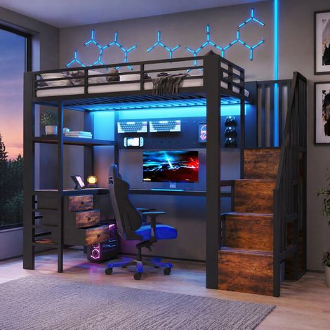 Cama alta 90x200 cm con escritorio, 3 cajones, estantería, panel perforado, enchufe y LED regulable, estructura de metal y MDF negra, sin colchón  CHICFURN (1/5)
