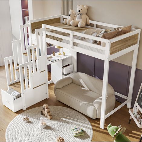 MODFU – Letto semi-soppalco per bambini 90x200 cm in pino/MDF con scrivania, cassetti, mensola, scala contenitore, FSC, EN 747 e carico 120 kg – Bianco/naturale (1/5)