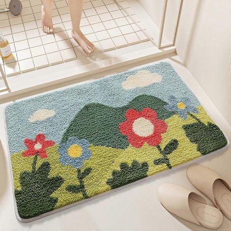 Tapis de bain antidérapant printanier, tapis de bain absorbant en microfibre, motif floral, lavable en machine, 50 x 80 cm (1/5)