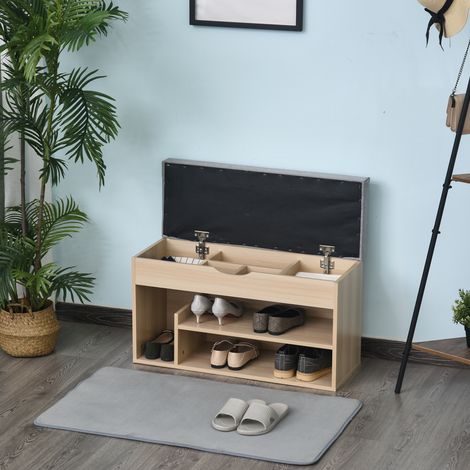 Schuhschrank, zweistufige Schuhbank mit Stauraum, Nische + integrierte Kommode mit beige/grauem Kissen (1/5)