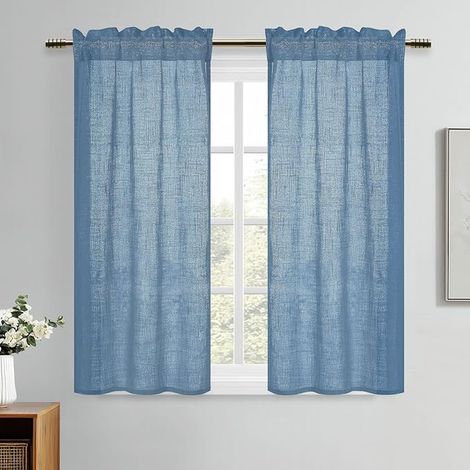 DWCN Kitchen Curtains Blue Short Net Curtain 120 x 60 cm (H x W) in Linen Look Semi-Transparent and Modern for Sink, Cupboard, Window, Living Room, 2 Panels (1/2)
