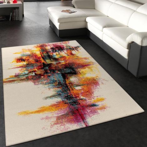 Tapis Salon Chambre Adulte Poils Ras Moderne Vintage Motif Abstrait Multicolore, Dimension:80x150 cm, Couleur:Jaune-Blanc (1/5)