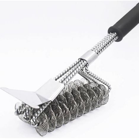 Brosse De Nettoyage Grill - 3 En 1 Avec Grattoir - Manche Long En Bois - Fils D'acier Inoxydable - Pour Barbecue Gaz Charbon Électrique - 1 Pièce (1/4)