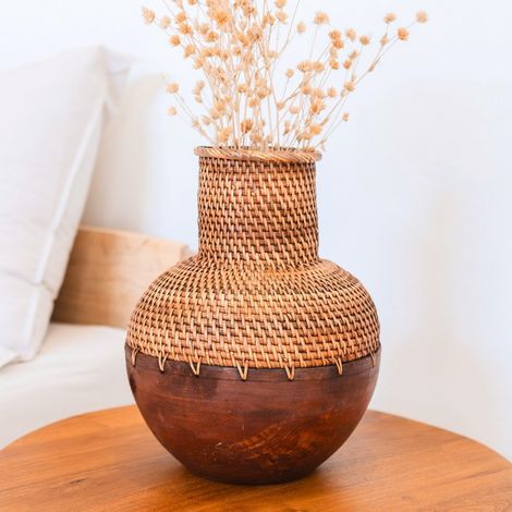 Vase en Rotin Tressé et Bois pour Fleurs Séchées Décoration Bohème Marron Ø 22 cm - PANGIVO (1/5)
