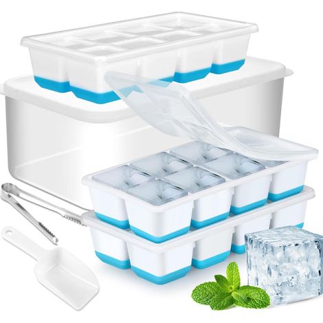 Ensemble de 3 moules à glaçons en silicone, bac à glaçons carré, avec pince à glaçons, pelle à glaçons et boîte de rangement, bleu. (1/5)