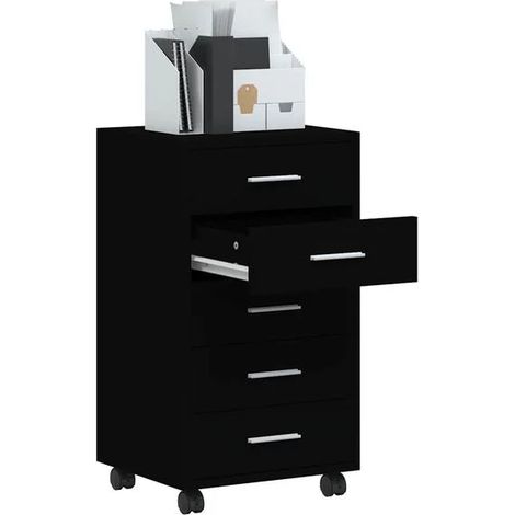 Commode à Tiroirs sur Roulettes en Bois d'Ingénierie, Meuble de Rangement Noir Moderne avec 3/4/5 Tiroirs, Armoire Mobile pour Chambre, Salon ou Bureau (1/5)