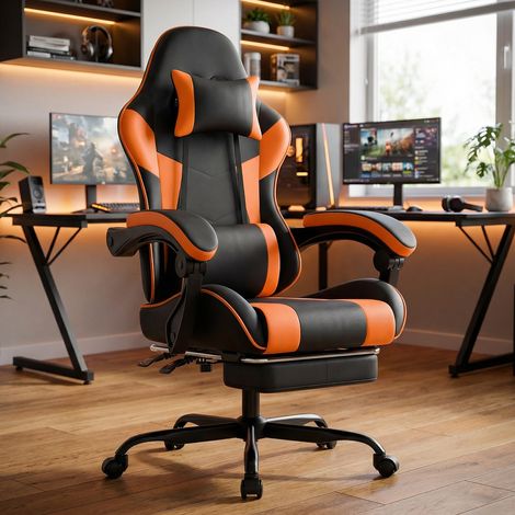Silla ergonómica para gaming - 58,5 x 63 x 120,5 cm - Soporte lumbar, reposabrazos articulados y reposapiés - Negro y naranja (1/5)