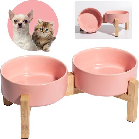 Ceramic Raised Dog Cat Bowl - Set of 2 Bowls with Bamboo Stand - Ideal for Food and Water - Double Bowls for Small Dogs - 2 x 480 ml (1/5)