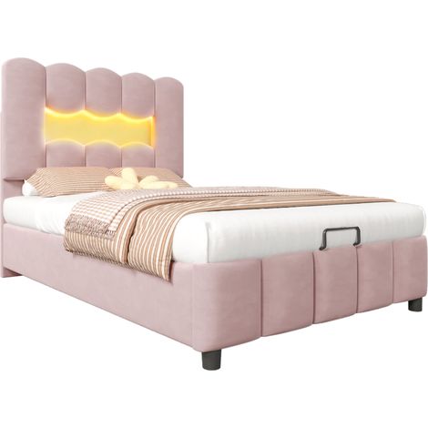 Polsterbett Einzel 90 x 200 cm, Samt, Stauraum, LED, Verstellbares Kopfteil, Ohne Matratze, Rosa (1/5)
