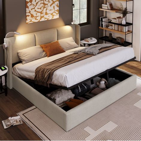 Lit double rembourré 140 x 200 cm avec coffre de rangement tête de lit avec liseuse fonction de charge USB cadre en métal beige (1/5)