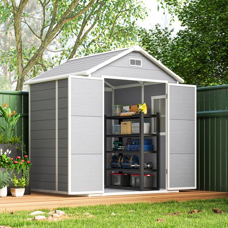 Abri de jardin, abri à outils avec plancher, portes verrouillables, ouvertures de ventilation, fenêtres, aspect bois, plastique, gris