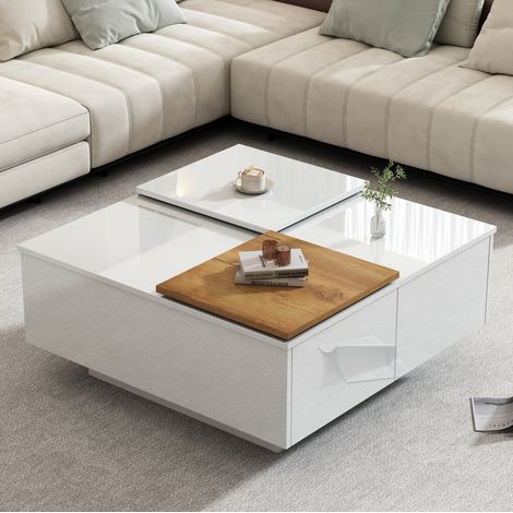 Mesa de centro cuadrada moderna blanca brillante 75x75x33 cm con 4 cajones (1/5)