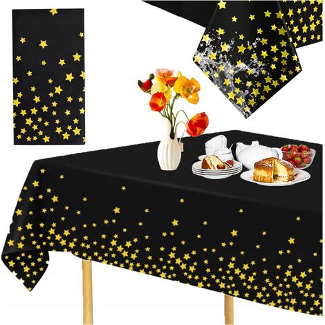 Tovaglia monouso per tavolo in alluminio, nera con stelle dorate, grande 137x274 cm (1/5)