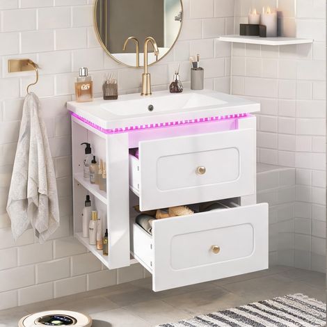 Meuble vasque suspendu 61 cm blanc brillant avec LED et céramique (1/5)