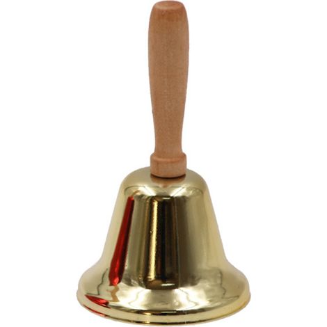 1 Cloche à main, son clair, poignée en bois, galvanoplastie, usage mariage école yoga (1/5)