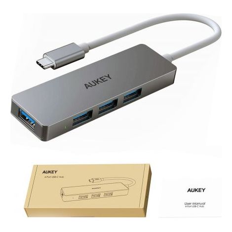 AUKEY Hub USB C in Alluminio 4 Porte USB 3.0 Adattatore USB C Super Sottile per MacBook PRO Google Chromebook Pixel, Samsung Note S A Ultra e Molti Altri Dispositivi Compatibili
