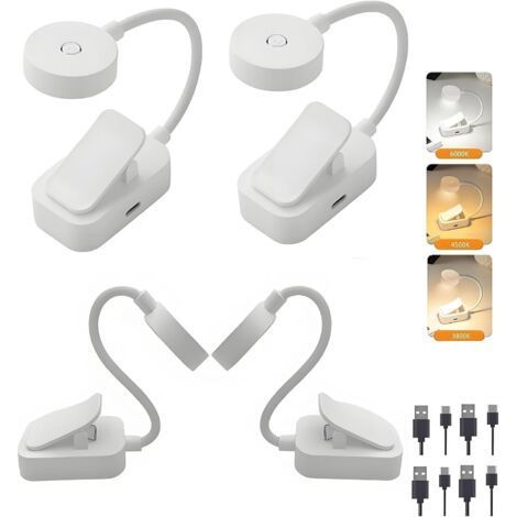 Set di 4 mini lampade da lettura a LED, ricaricabili con clip, protezione per gli occhi, regolazione continua dell'intensità luminosa e 3 colori, collo flessibile a 360°, portatili per la lettura - Bi (1/4)