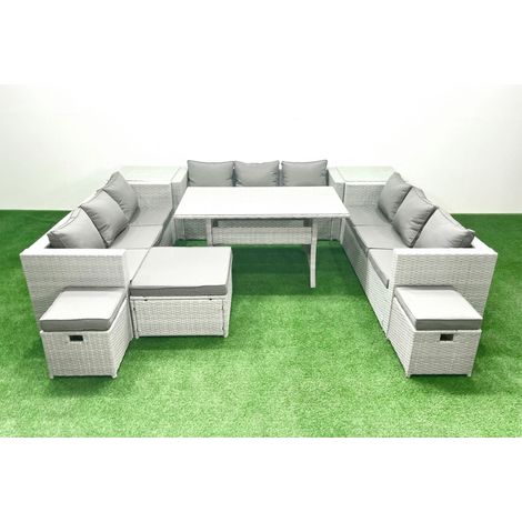 Fimous Rattan Garden Outdoor Furniture Set 12 Seater Garden Sofa Rectangulr Dining Table Set with 3 Footstools 2 Side Tables Light Grey Mixed