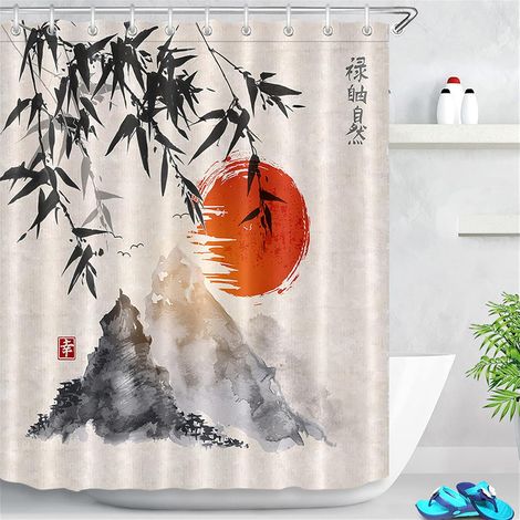 Rideaux de Douche Sumi-e Japonais 120x175CM Bambou Montagne Soleil Rouge Rideaux de Bain avec Crochets,Imperméable Polyester Anti Moule Salle de Bain Décor (1/5)