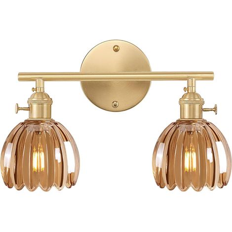 Lampe Applique en Verre Double Tête Fleur Applique Murale avec Interrupteur Ambre Abat-jour Éclairage Luminaire Mural pour Salle de Bain Salon (1/5)