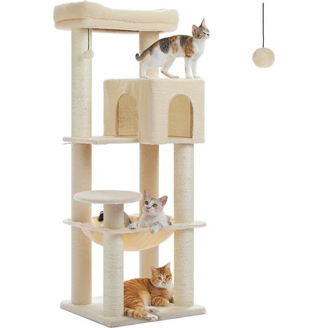 PAWZ Road Arbre à Chat en Bois, Tour de Chat Moderne, avec Griffoirs Sisal, Condo Confortable et Grand Hamac, Poteaux de Ø10 cm, 147cm, Beige (1/5)