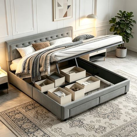 Lit coffre 180x200,lit 180x200 avec sommier à lattes,2 tiroirs,lit double capitonné,lit adulte,lit 2 personnes,tissu en velours,Gris (1/5)