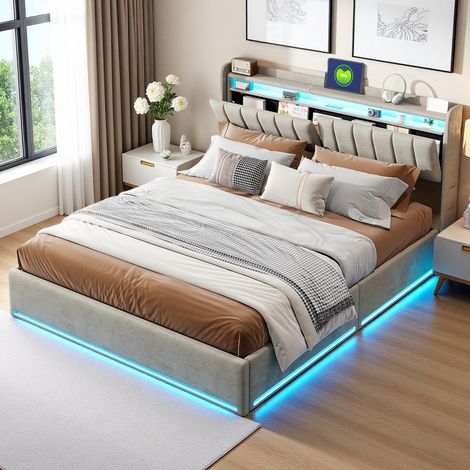 Lit Coffre 140x190cm, Lit Deux Places avec Éclairage LED et Charge USB, Tête de Lits Capitonné avce Étagères Ouvertes et Rangement Caché, Lits Double Rembourré avec Sommier à Lattes pour Adultes et Ad (1/5)