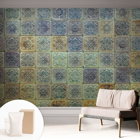 Papier peint intissé mural avec imprimé pour décoration pour salon pour chambre à coucher pour entrée Carreaux géométriques 312x219 cm (1/5)
